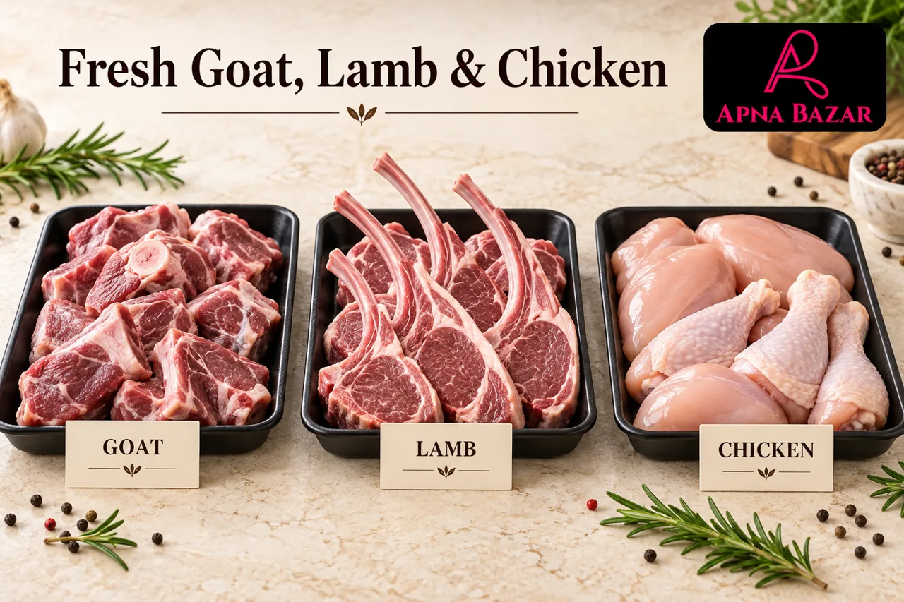 Apna Bazar fresh meat selection: goat curry cuts, lamb chops and chicken, each on a separate labelled tray