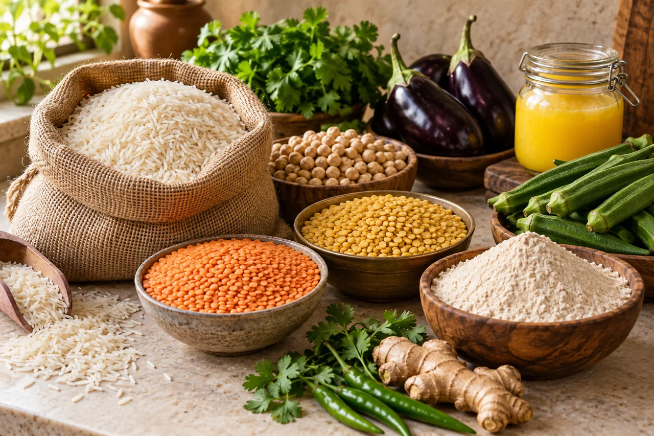 A selection of Indian pantry staples, lentils and fresh vegetables