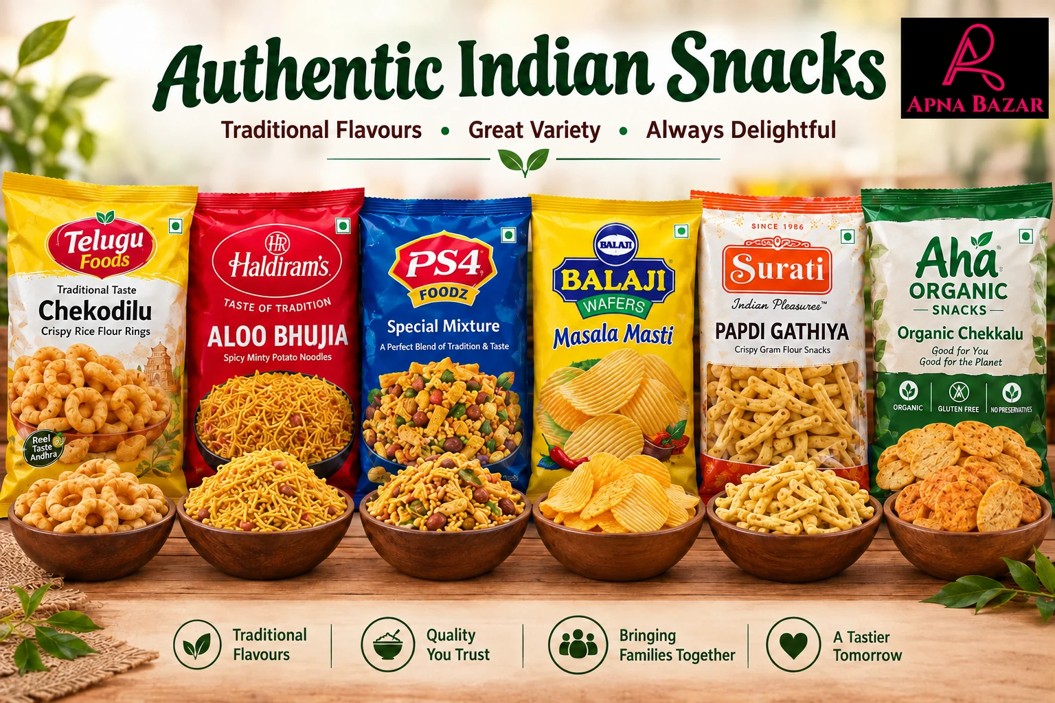 Apna Bazar authentic Indian snacks: Telugu Foods, Haldiram's, PS4, Balaji, Surati and Aha Organic