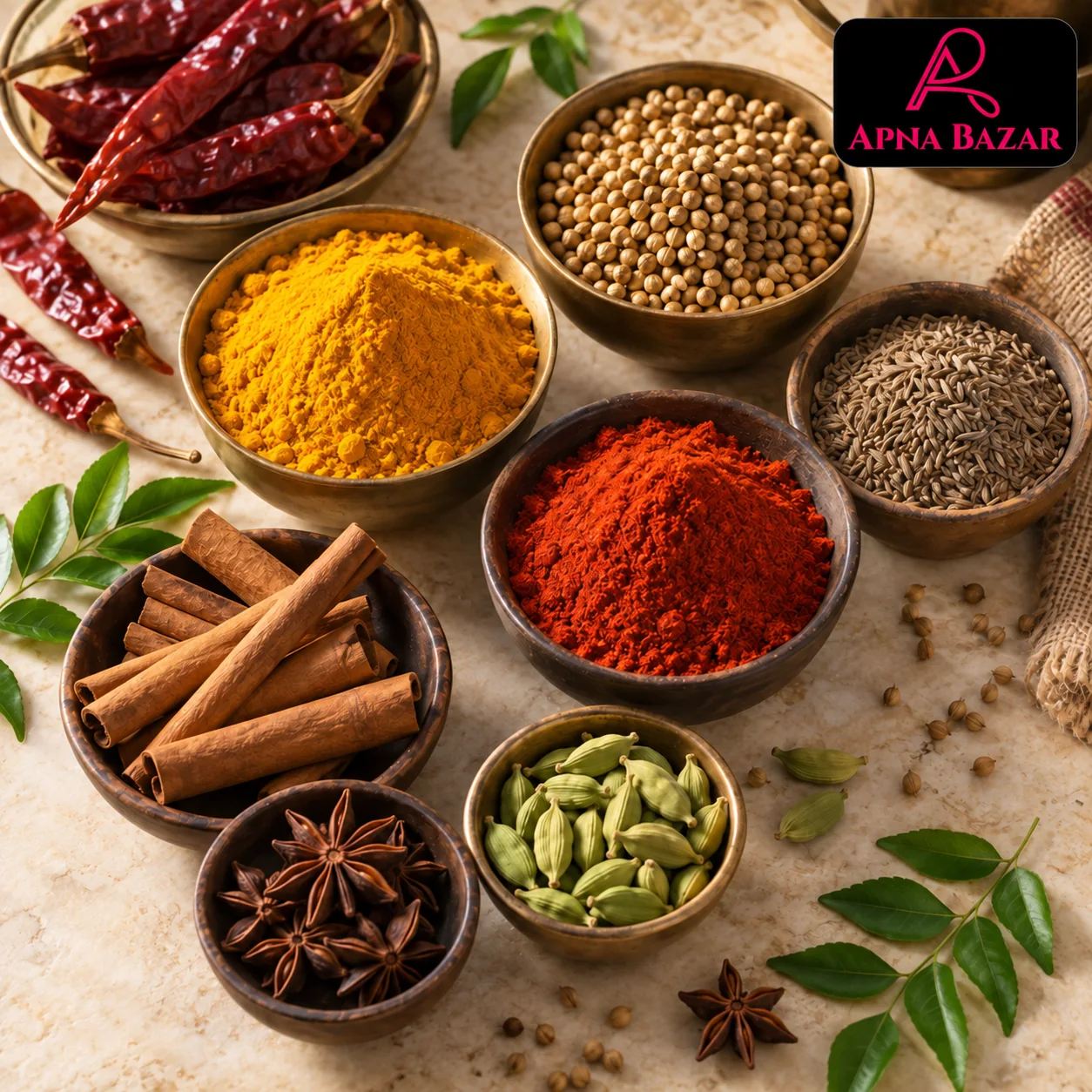 Turmeric, chilli, cumin, cardamom and whole Indian spices